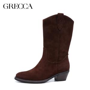 מגפי קאובוי חומים לנשים, סגירת רוכסן, גזרה גבוהה, לוגו מותאם אישית, עור אמיתי, נגד החלקה, נוחות, עקב עבה 5 ס\"מ, סתיו - Product Image 5