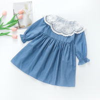 Robe chemise en jean pour filles, printemps-automne, avec col Claudine en dentelle ajourée, motif lapin mignon, sac bandoulière assorti, manches longues, coupe trapèze