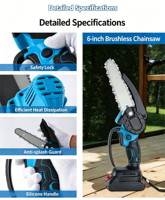 Mini Motosierra Eléctrica Inalámbrica de 6 Pulgadas, Motosierra Portátil a Batería para Cortar Madera, Podar Árboles y Jardines