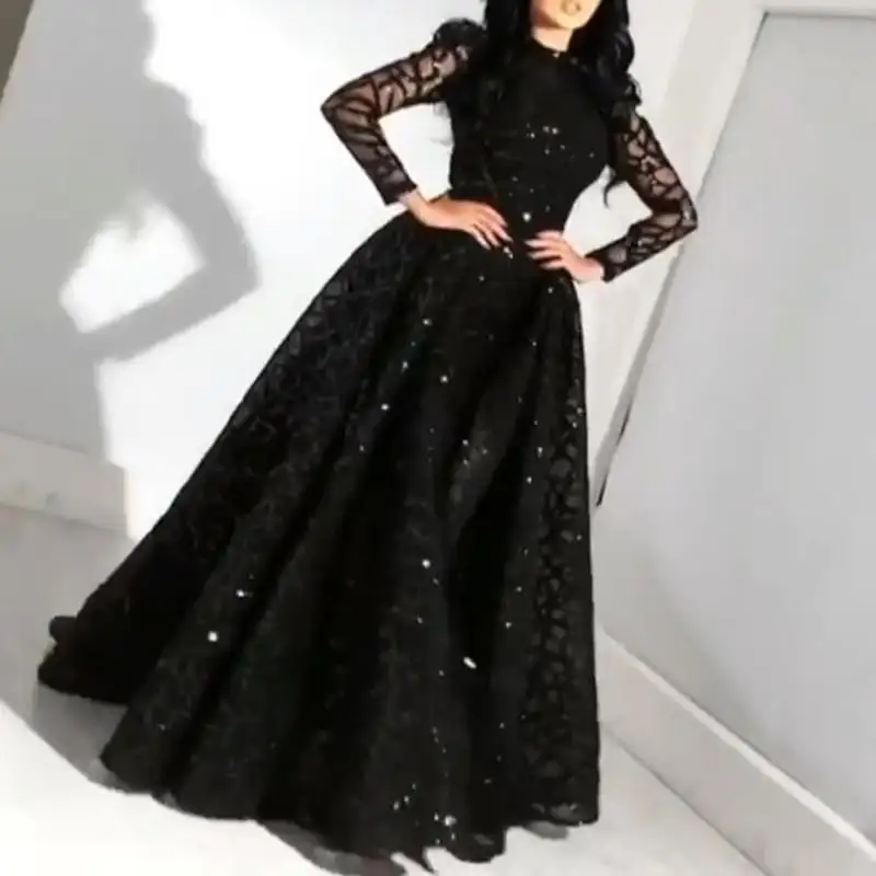 2022 new European and American black long sleeve sequined gown new style