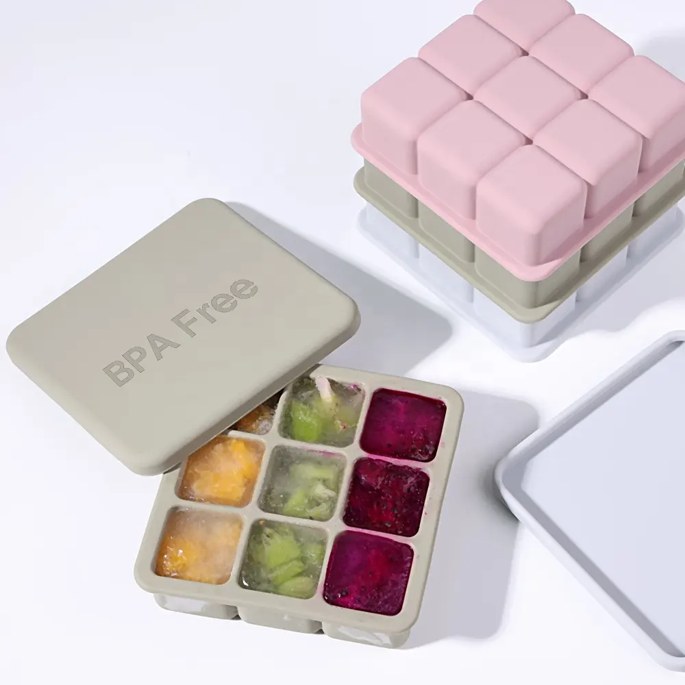 Nuovo BPA Free 9 cavità facile rilascio in Silicone cubetti di ghiaccio stampi rendono Mini cubetti di ghiaccio flessibile vassoio per cubetti di ghiaccio con coperchio