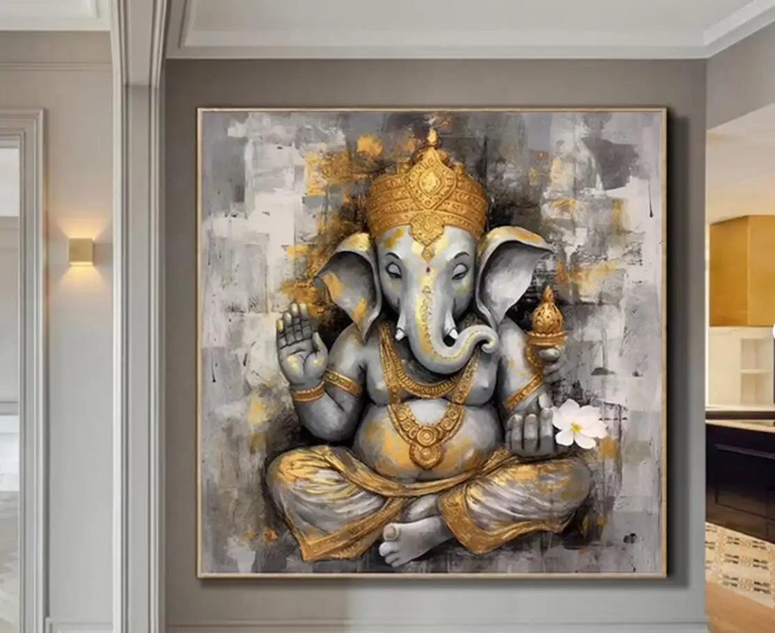 Hindu Ganesha heykeli tuval üzerine akrilik boyama ekstra büyük soyut sanat el-boyalı ev dekor