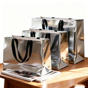 Sacs en <span class=keywords><strong>papier</strong></span> shopping argentés métallisés brillants, base renforcée et carton épais, sacs cadeaux de luxe pour cosmétiques et vêtements - Product Image 1