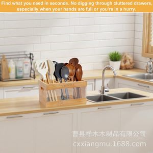 Caja de almacenamiento de utensilios de bambú con múltiples compartimentos, organizador de cocina con separador acrílico y tapete antideslizante para utensilios de mesa. - Product Image 3