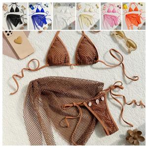 Women's 3 Piece Custom Halter Triangle String Bikini Set <strong>with</strong> <strong>Beach</strong> Skirt Front Logo Quick Dry &amp; Breathable - Product Image 5