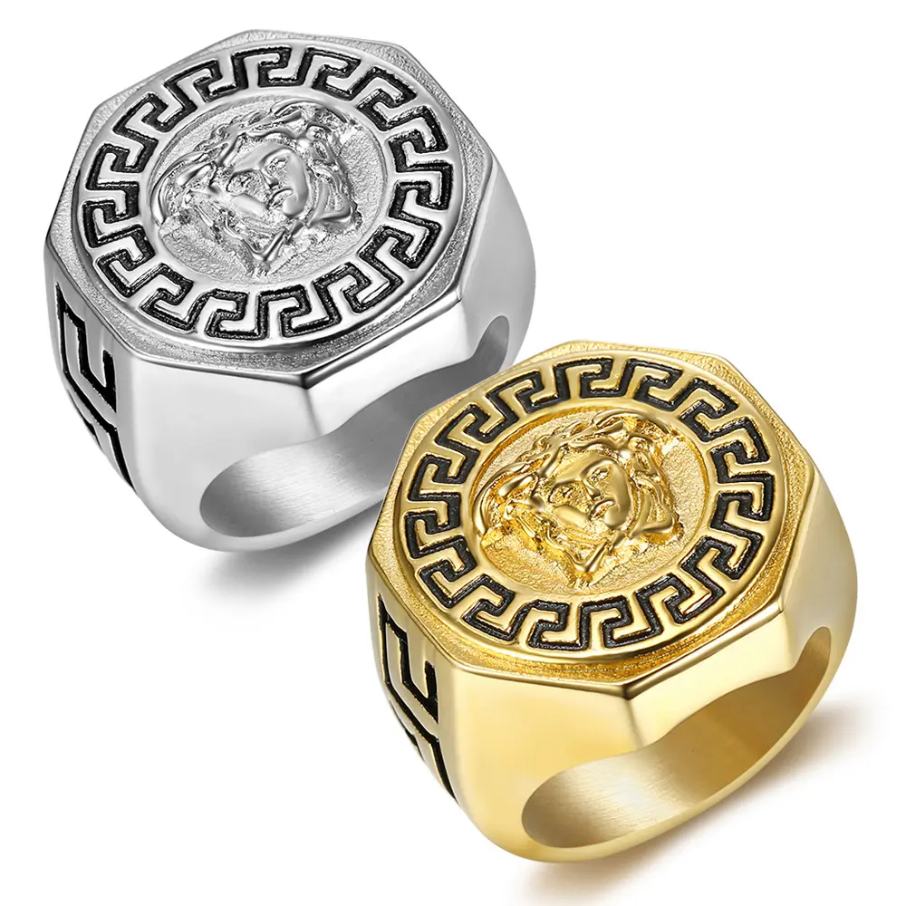 SSR050 Hip Hop 316L Stainless Steel Gold Band Rings Greek mythology Snake Medusa Thumb Ring for Men Punk Biker Jewelry