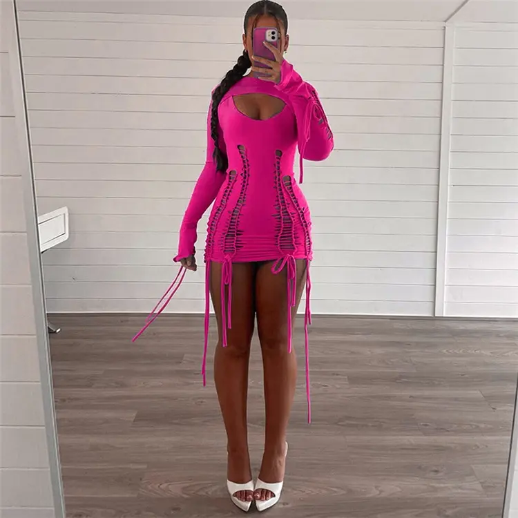 Herbst Bandage geraffte Neon Y2K Kleidung Aushöhlen 2 Stück Langarm rücken freie Bodycon Mini kleider für Frauen