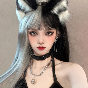 <span class=keywords><strong>Parrucca</strong></span> realizzata a macchina per ragazze, capelli lunghi e lisci, bicolore nero e bianco, frangia sottile, colore sfumato, copricapo Lolita Yin Yang - Product Image 2