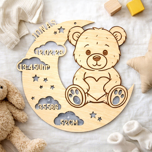 Pendentif Plaque Commémorative en Bois Ourson Lune pour Naissance Bébé, Décoration Nouveau-né Découpée au Laser, Plaque Nominative Baptême, Ornement <span class=keywords><strong>de</strong></span> Bureau - Product Image 4