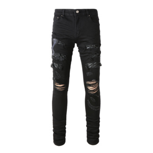 Fabricante de <span class=keywords><strong>Jeans</strong></span> Personalizados, <span class=keywords><strong>Jeans</strong></span> para Hombre, Corte Ajustado, Estilo Urbano, Desgastados, Bordados, con Parches de Cuero - Product Image 3