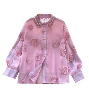 Autumn Loose Full Sleeve Others Collar Casual Mesh Blouses Women Floral <b>Beading</b> Shirts Front Elegant <b>Tops</b> Clothes Wholesale - Product Image 5