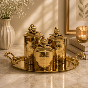 Royal Gold Hammered Effect 3-Jar Kitchen Storage <b>Canister</b> <b>Set</b> with Lids & Tray Airtight Dishwasher Safe Premium Gift <b>Set</b> Carton - Product Image 1