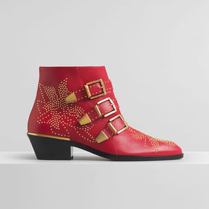 Bottes à talons épais pour femmes Xinzirain, personnalisées avec strass, en cuir véritable imprimé, avec boucle de ceinture à <span class=keywords><strong>rivets</strong></span> et bride à la cheville - Product Image 5