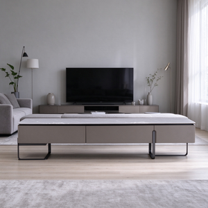Table basse de rangement rectangulaire avec plateau en marbre, 2 tiroirs, base métallique en traîneau, couleur taupe, pour salon, appartement, villa - Product Image 3