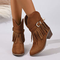 Bottines d'hiver mi-mollet à franges style européen et américain, à enfiler, à talons épais, pour femme, en faux daim avec empeigne en maille et semelle extérieure en TPR épaisse