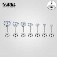 Kaishee Boucles d'oreilles clous en acier inoxydable 316L avec pierre en verre blanc 20G à dos plat, piercing corporel, bijoux à filetage externe