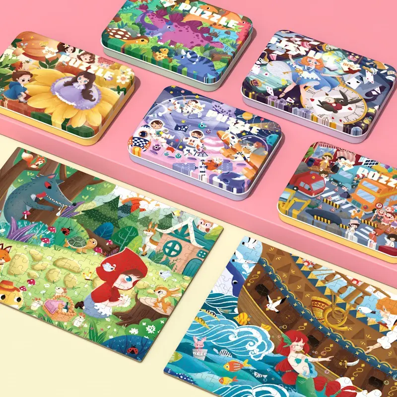 Pabrik Puzzle Jigsaw Anak-anak, Paket Kotak Besi Mainan Kayu Kartun Hewan Tebal Ditingkatkan 208 Buah Pendidikan