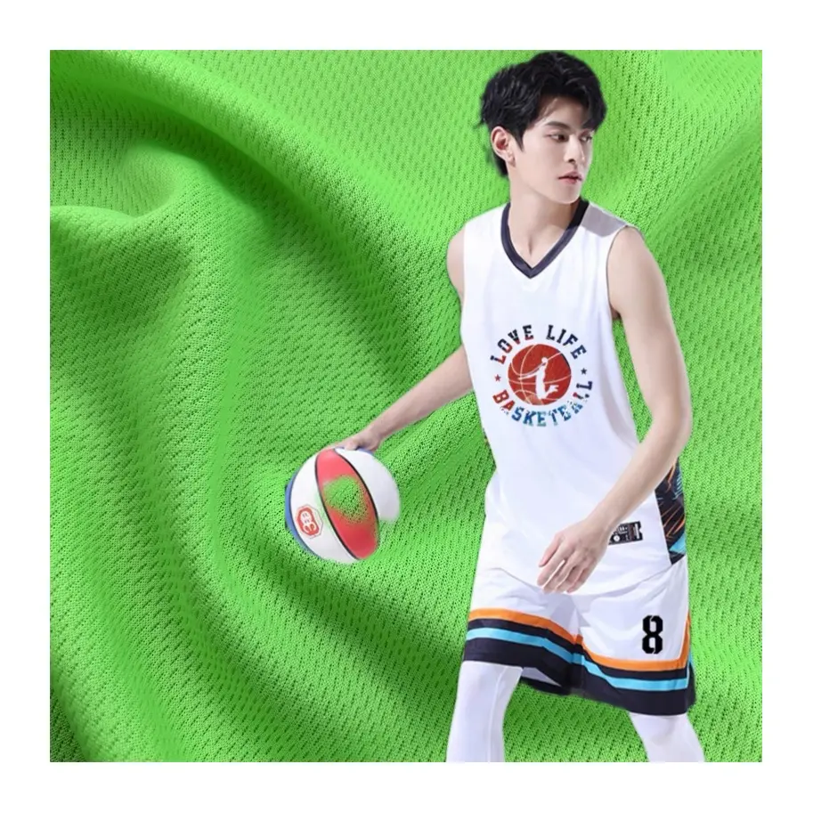 Drifit pakaian olahraga kain 100% poliester bersirkulasi mata burung kain warna solid untuk kaus basket dan Jersey olahraga