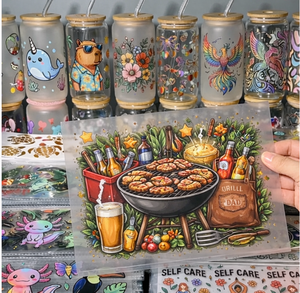 Autocollants de transfert UV DTF Premium pour la Fête des Pères, pour canettes en verre Libbey de 16 oz, thème BBQ Grill Papa, imperméables, permanents, à appliquer par frottement - Product Image 1