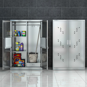 Stainless Steel Cleaning <b>Cabinet</b> 70cm Depth Keyed Lock 2 Tier Fire Prevention Storage For School Classroom Mop Broom Tools - Product Image 1