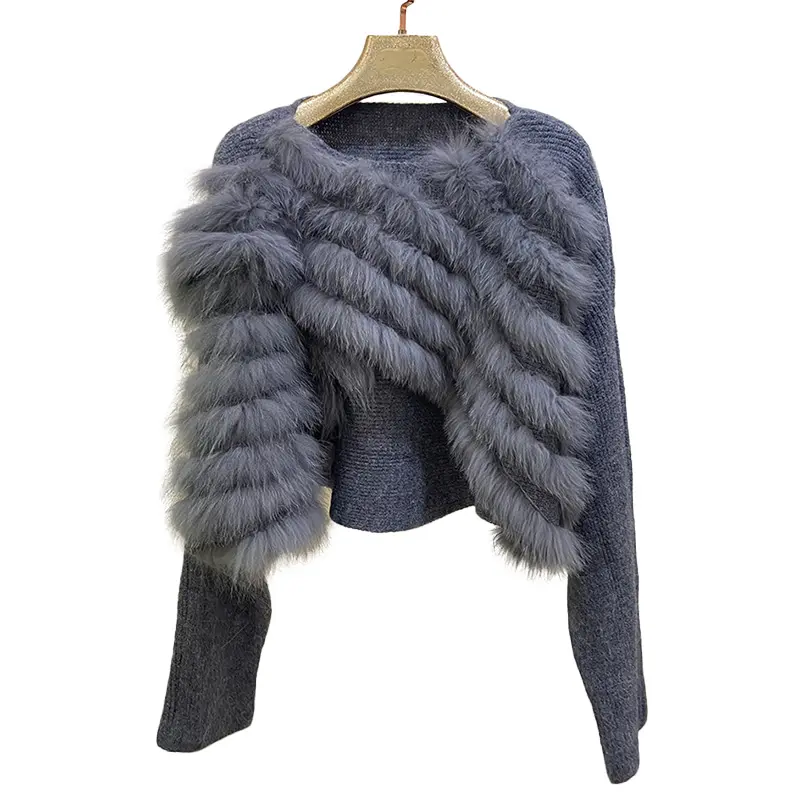 Pull en laine douce élégant pour femmes, pull tricoté en fourrure de renard véritable de couleur unie pour le printemps et l'automne