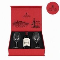 Boîte cadeau rigide en carton noir haut de gamme pour vin avec 1 bouteille et 2 verres, gaufrage, laminage mat, revêtement UV