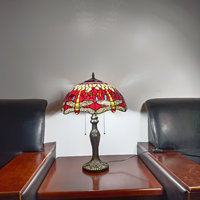 Lampu Meja Kaca Patri Buatan Tangan Gaya Eropa 16 inci Desain Capung Merah Ramah Lingkungan Basis Resin LED Listrik Warna Hijau