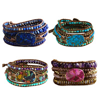 Bracelet Bohème Multicouche à 5 Brins en Cordon de Cuir Tressé avec Pierres Rectangulaires de Jaspe Impérial, Turquoise et Améthyste