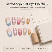 Faux ongles ovales courts œil de chat T1958 Kaixin Factory OEM, tendance français à carreaux et pois, à presser, fournisseurs