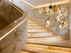 משטח עבודה למטבח מעוצב מאבן גרניט אלפינוס טבעי מודרני יוקרתי, שקוף, מלוטש, בצורת נוצה, עם עיצוב קריסטל. - Product Image 5