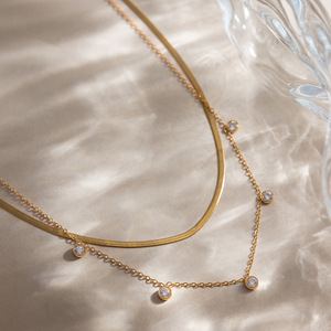 Collar de Doble Capa con Circonitas, Cadena de Serpiente de Acero Inoxidable 18K, Engaste de Bisel, Joyería para Uso Diario, Regalo - Product Image 4