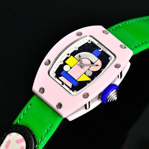 Reloj mecánico automático de lujo para dama, caja en forma de barril de cerámica rosa, estilo Filadelfia, esfera de color, correa verde - Product Image 4