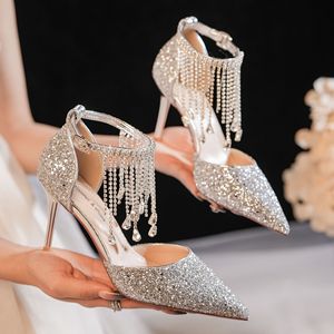 Zapatos de tacón de aguja con correa de tobillo y borlas de cristal, punta en pico, elegantes para bodas y fiestas, para mujer. - Product Image 3