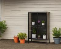 Armoire de rangement moderne à 2 portes en verre pour pots de fleurs 2 étagères réglables en acier inoxydable pour le salon de la maison