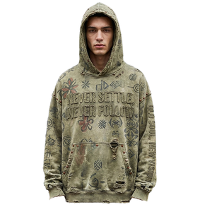 <b>Men's</b> Autumn Heavyweight Distressed Hoodie | 430gsm Cotton Digital Print & Embroidered Design | ODM Pullover with <b>Pouch</b> Pocket - Product Image 1