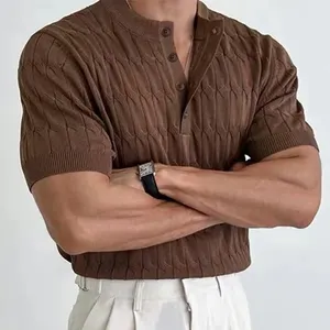 Suéter de punto personalizado para hombre, Camiseta de punto de medio Botón de color sólido, jersey de cuello redondo de punto con cable, manga corta de verano