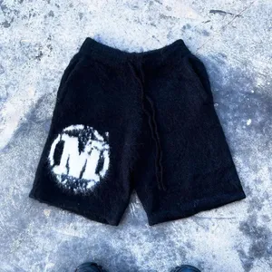 OEM Custom Logo Customized Knitted Silk Printing Fluffy Mohair Pants Wide Leg Rope Fluffy Mohair Elastic Waist Shorts For Men