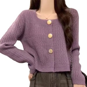 Cardigã de Tricô Macio e Felpudo para Mulheres, Decote Quadrado, Com Botões, Manga Longa, Top Casual Cropped - Product Image 1