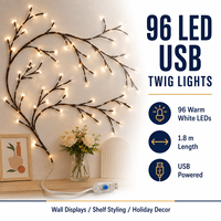 Guirlande lumineuse USB en forme de branche de 1,8 m avec 96 LED et 8 modes d'éclairage pour décoration murale intérieure et fêtes