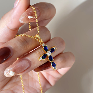 18K Gold Plated Brass Marquise CZ <b>Cross</b> Pendant Necklace Unisex Classic Religious Christian Daily Wear Jewelry Wholesale - Product Image 3