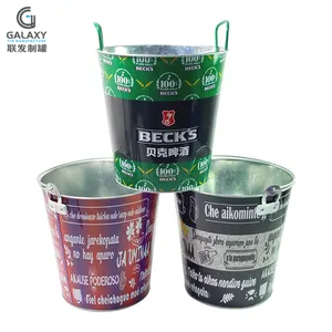 Promotional Custom 8L Metal Tin Galvanized Iron Champagne Ice Bucket With Handle Black Beer Ice Bucket Beverage Tubs