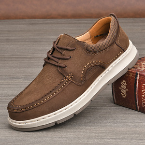 Chaussures de marche rétro pour hommes en cuir véritable à bout rond, lacées, avec semelle extérieure en caoutchouc amorti, couleur unie, style décontracté - Product Image 1