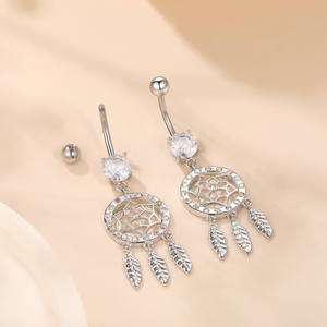 Thép Phẫu Thuật Cong Chuối Thanh Bohemian Bụng Nút Nhẫn CZ Rốn Vòng Giấc Mơ Bắt Lông Dangle Bụng Xuyên Đồ Trang Sức - Product Image 4