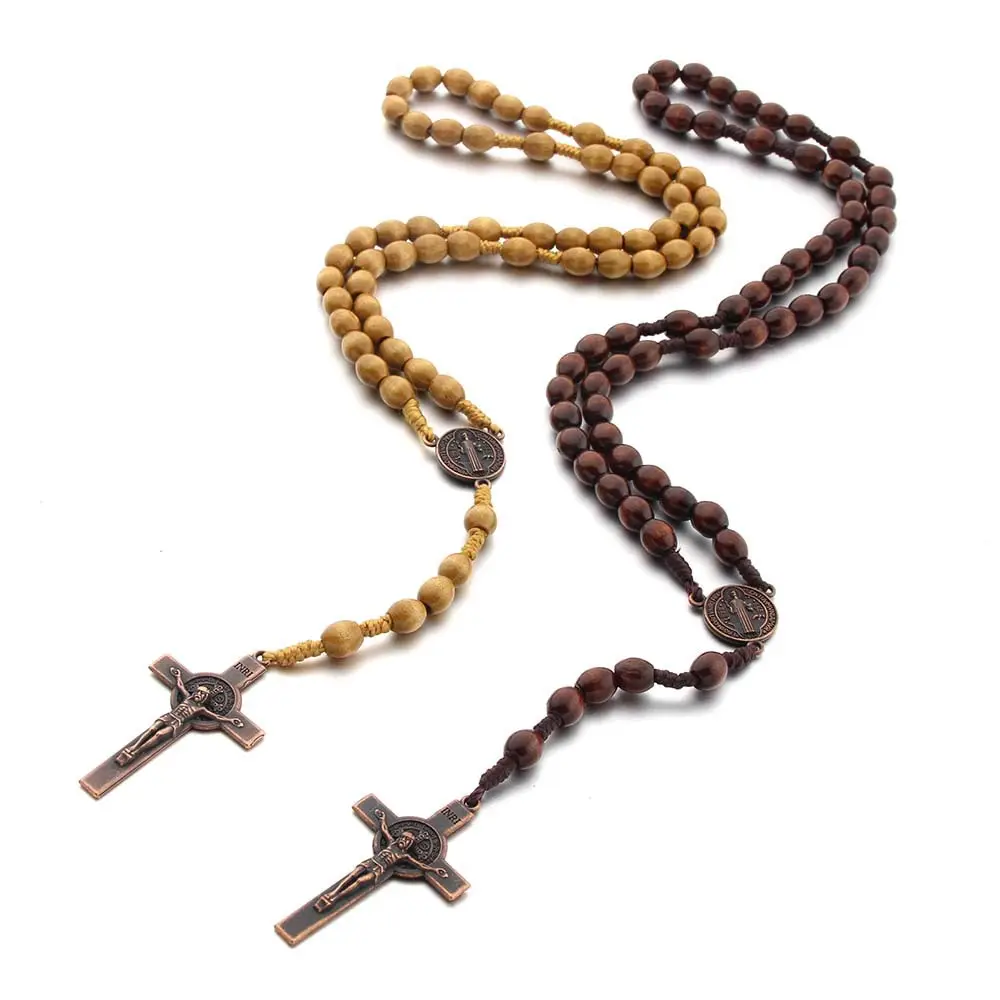 8 * 10MM織りロープ木製ビーズネックレス手作り編組クリスチャンロザリオカトリック十字架イエスクロスペンダントネックレス女性