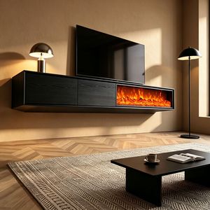 Mobile TV da Parete con Caminetto 3D in Legno Massello, Fiamme Simulate, Inserto Decorativo con Fiamme Finte, Finitura Nera Effetto Legno - Product Image 3