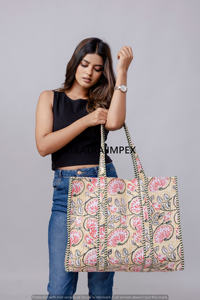 Indian Handmade Cotton Block Print Reversible Striped Shoulder Handle Bohemian Style <b>Tote</b> <b>Bag</b> Perfect for next beach vacation - Product Image 5