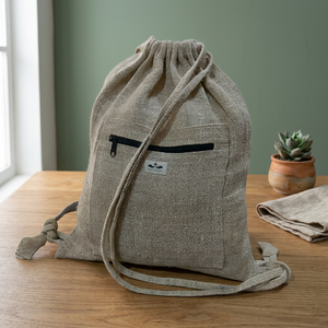 Hemp Drawstring Backpack Natural Color Large Capacity Front Zip Pocket Eco Friendly Sack <b>Bag</b> for Gym Swimming - Product Image 5