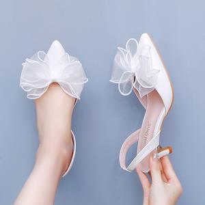 Sepatu sandal hak pendek, 5 cm ukuran besar tipis ujung lancip sepatu pernikahan putih - Product Image 4