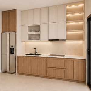 VCCUCINE-WOSR003 Armoire de <span class=keywords><strong>cuisine</strong></span> encastrée minimaliste en mélamine à grain de bois chêne chaud <span class=keywords><strong>et</strong></span> blanc crème, style Shaker, Foshan - Product Image 3