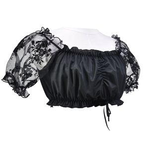 <b>Off</b> <b>The</b> <b>Shoulder</b> Chiffon Crop <b>Top</b> With Lace Puff Sleeves Plus Size Women's Blouse <b>White</b> Black - Product Image 2